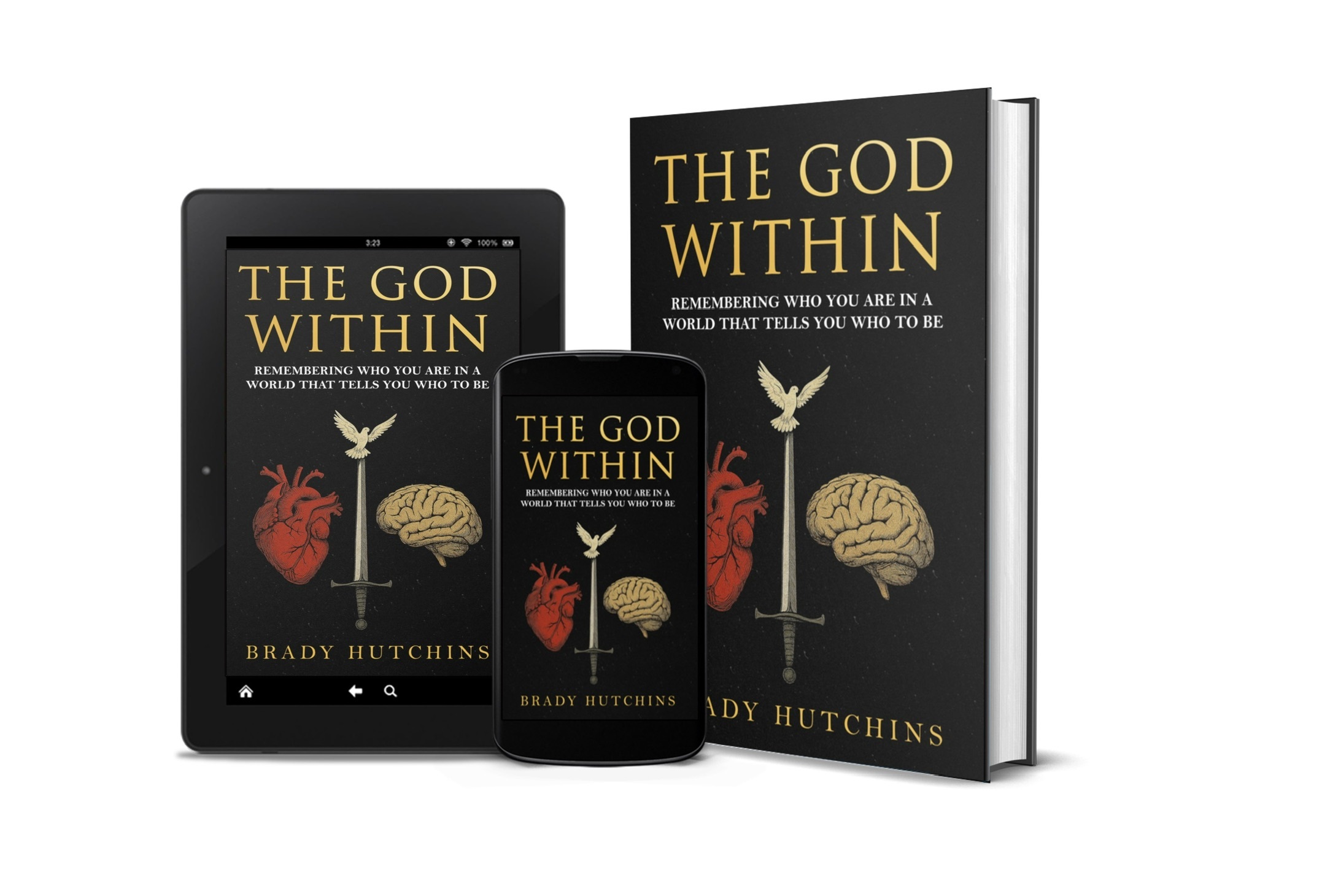The God Within shown in hardcover, tablet, and phone
